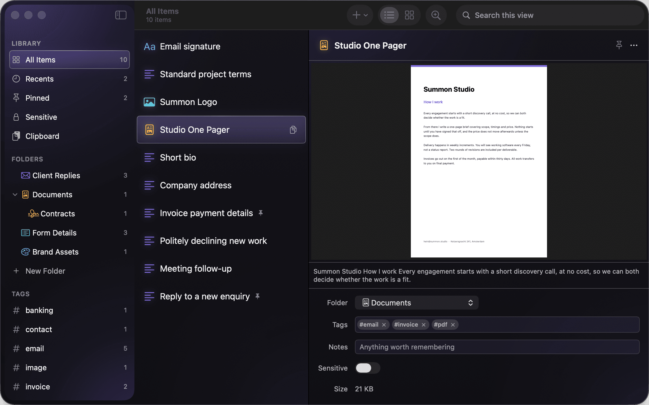 The Summon library window, with snippets, images and PDFs in one list